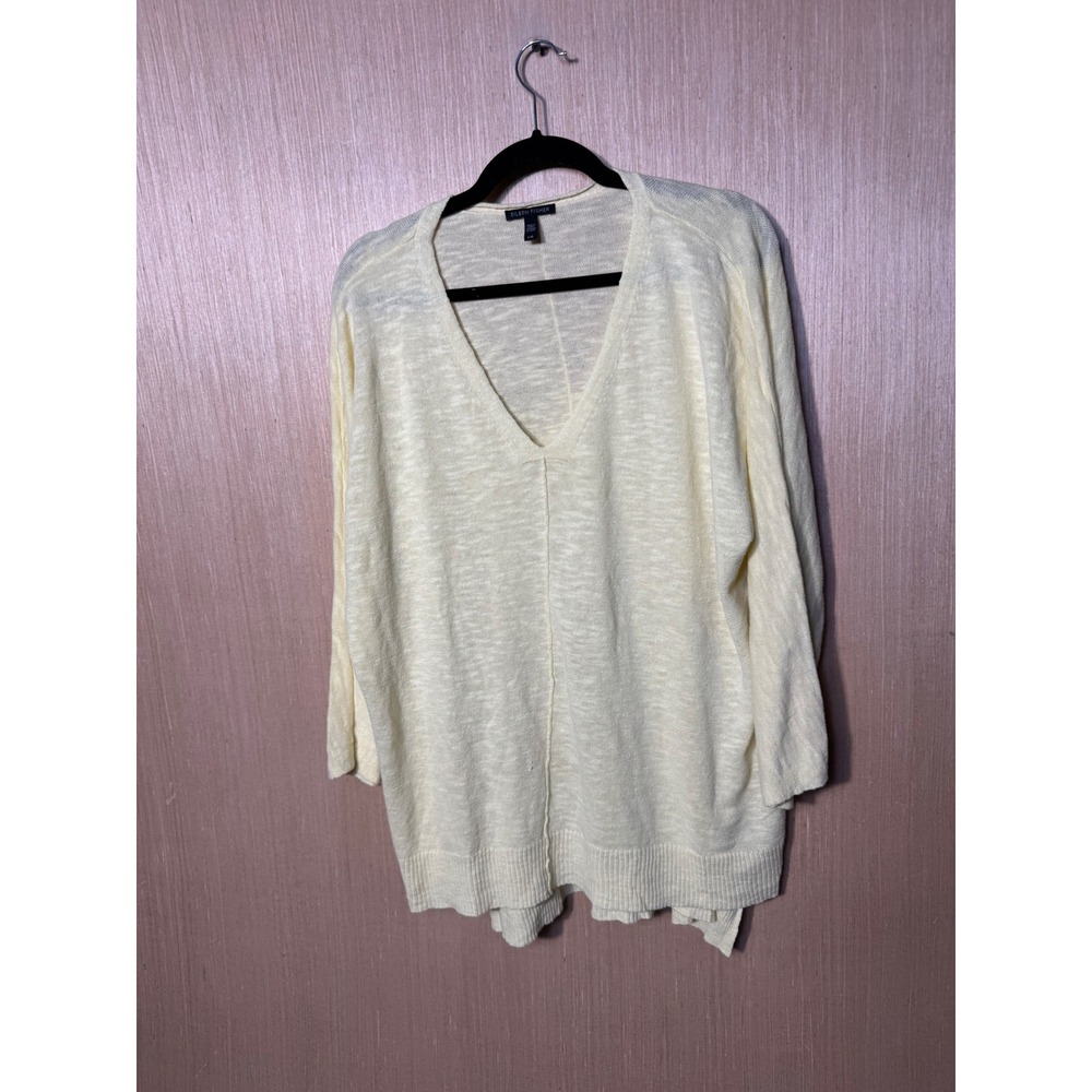 Eileen Fisher Womens Large Organic Linen Cotton V-Neck Tunic Sweater Pale Yellow